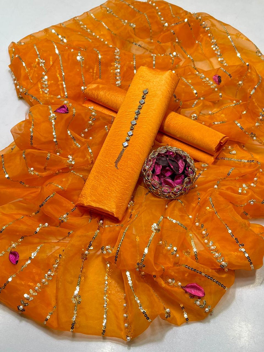 3-Piece Unstitched Suit – Kataan Silk Shirt & Shalwar with Sequin Embroidered Tissue Organza Dupatta