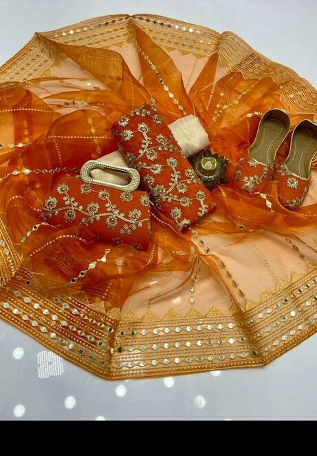 5-Piece Unstitched Party Suit – Chiffon Nag Jaal Shirt with Organza Dupatta, Khussa & Clutch