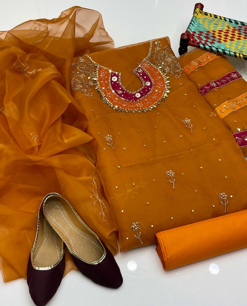 4-Piece Unstitched Organza Dress – Aari Zari Work with Patch Bazo, Dupatta & Khussa