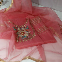 3-Piece Unstitched Organza Molty Work Dress – With Kataan Trouser & Dupatta
