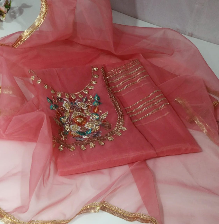 3-Piece Unstitched Organza Molty Work Dress – With Kataan Trouser & Dupatta