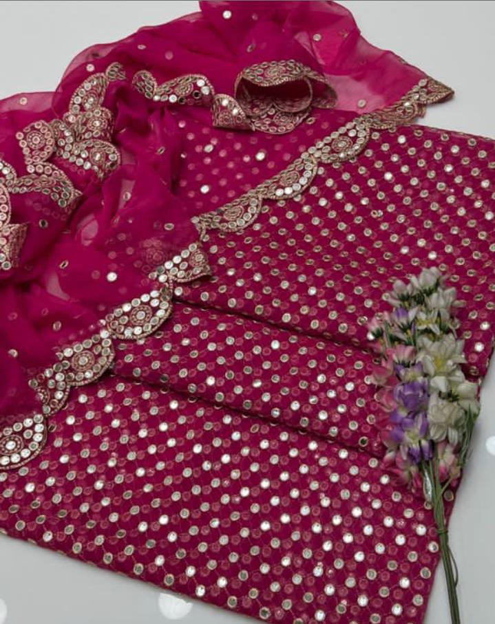 3-Piece Unstitched Fancy Chiffon Dress – Sheesha Zaari Embroidery with Border Dupatta
