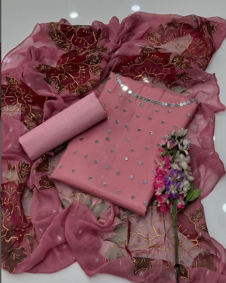 3-Piece Unstitched Mirror Work Dress – Pure Organza Shirt, Brush Dupatta & Kataan Trouser