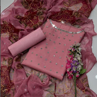 3-Piece Unstitched Mirror Work Dress – Pure Organza Shirt, Brush Dupatta & Kataan Trouser