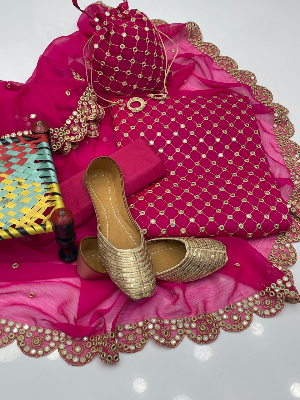 5-Piece Unstitched Fancy Chiffon Suit – Sheesha Zaari Work with Khussa & Potli Bag