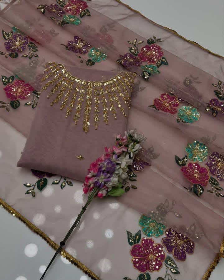 2-Piece Unstitched Organza Dress – Handwork Stones, Beads & Oil Paint Dupatta