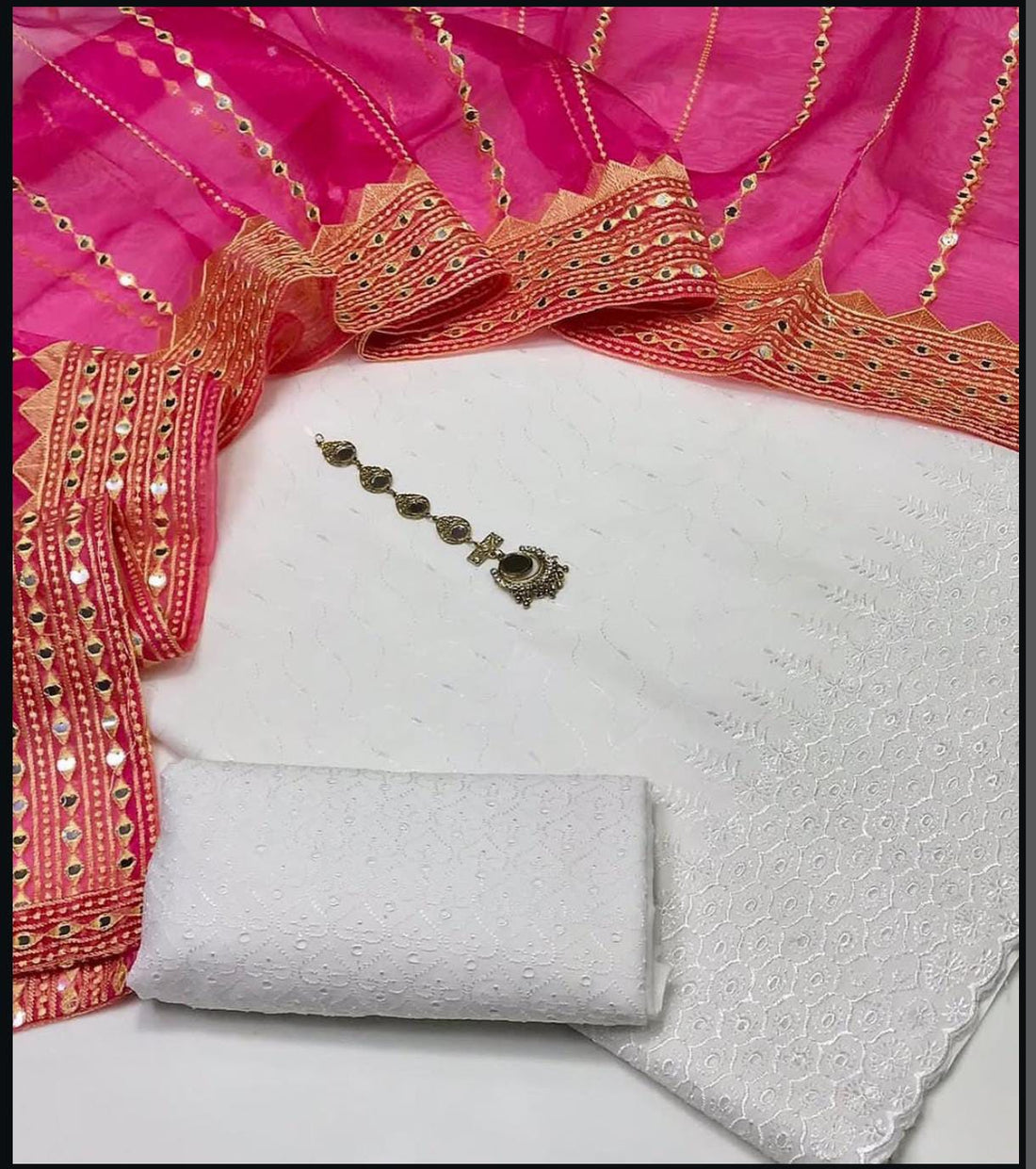 3-Piece Unstitched Summer Fancy Dress – White Chickenkari with Organza Foil Dupatta & Mirror Neckline