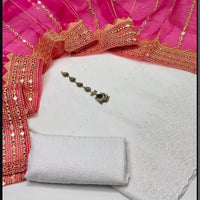 3-Piece Unstitched Summer Fancy Dress – White Chickenkari with Organza Foil Dupatta & Mirror Neckline