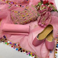 5-Piece Unstitched Wedding Suit – Organza Molty Work with Khussa & Bag