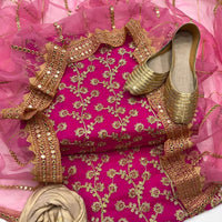 4-Piece Fancy Unstitched Dress for Girls – Chiffon Shirt, Masoori Trouser, Organza Dupatta & Khussa