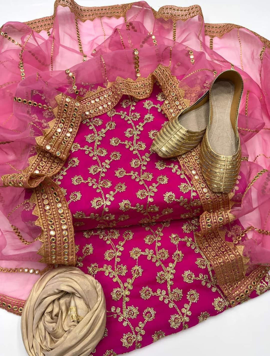 4-Piece Fancy Unstitched Dress for Girls – Chiffon Shirt, Masoori Trouser, Organza Dupatta & Khussa