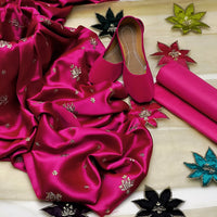 3-Piece Unstitched Shamoz Silk Dress – Jhumka Embroidery with Net Dupatta & Free Khussa