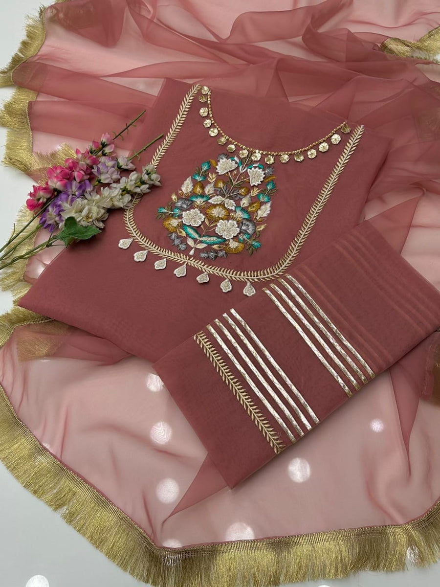 3-Piece Unstitched Organza Molty Work Dress – With Kataan Trouser & Dupatta