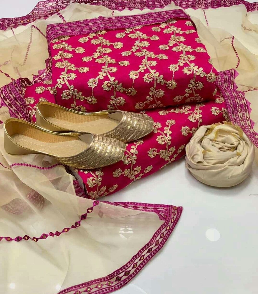 4-Piece Unstitched Wedding Suit – Chiffon Embroidered Shirt with Khussa