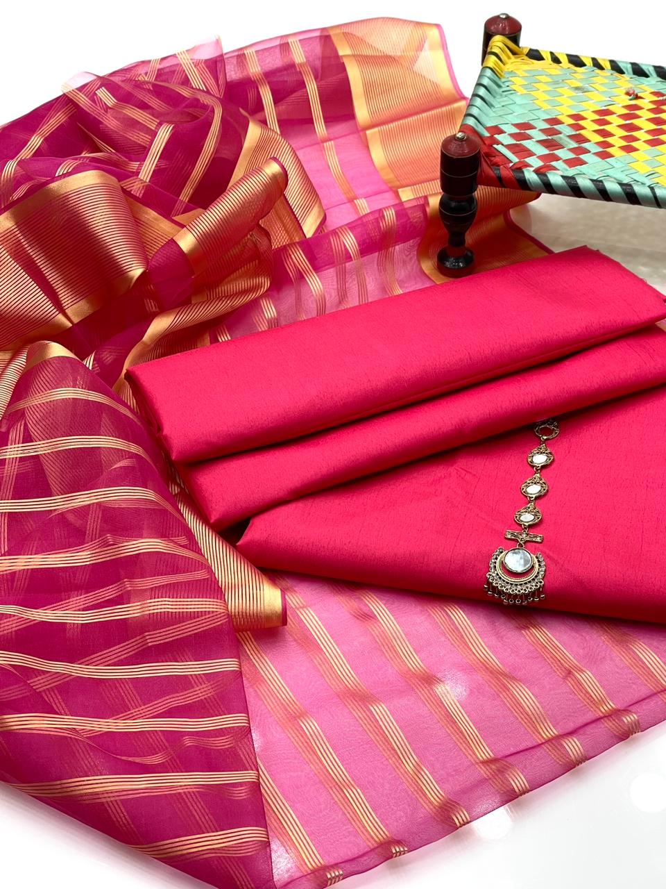 3-Piece Unstitched Fancy Suit – Kataan Silk with Organza Dupatta & Neckline