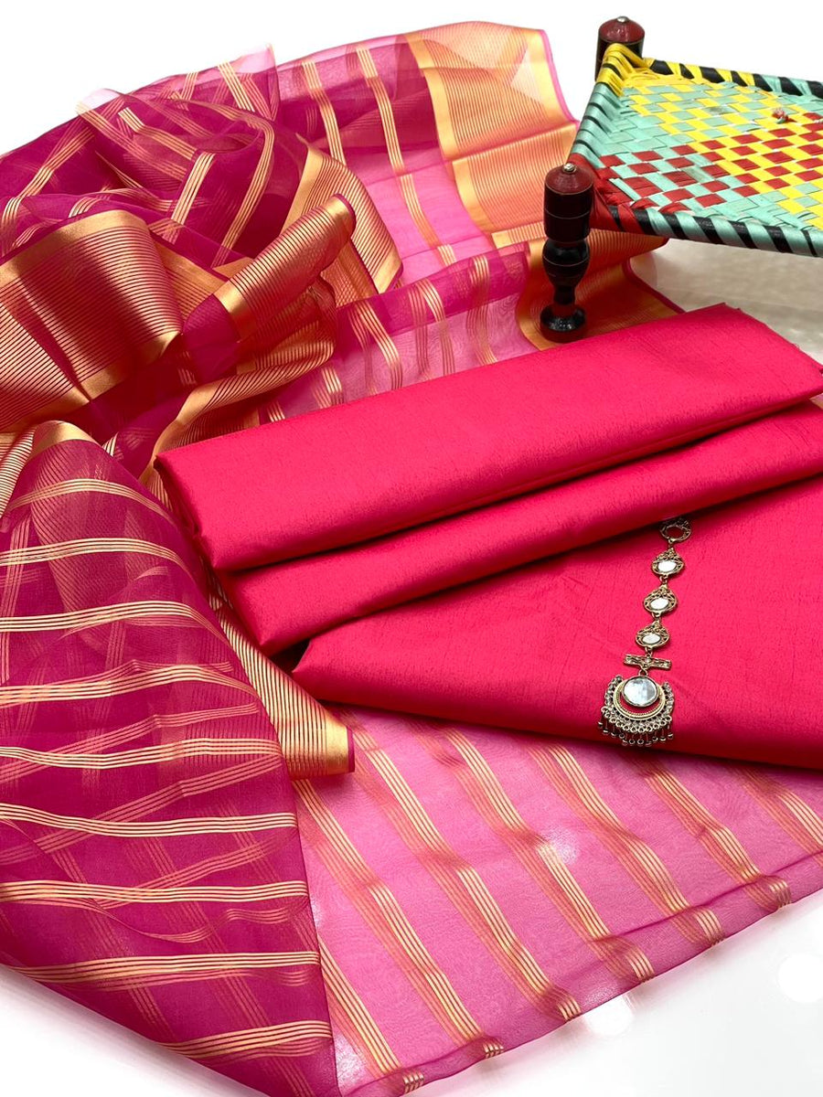 3-Piece Unstitched Fancy Suit – Kataan Silk with Organza Dupatta & Neckline