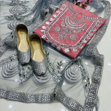 4-Piece Unstitched Kataan Mirror Work Dress – With Net Dupatta & Silver Khussa