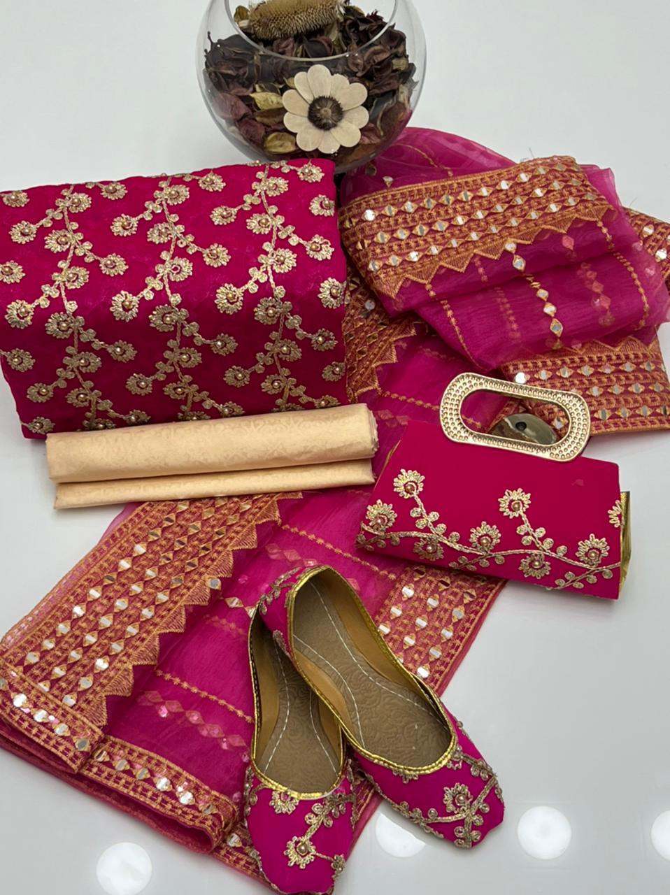 5-Piece Unstitched Wedding Dress – Georgette Shirt, Masoori Trouser, Organza Dupatta with Khussa & Clutch