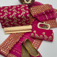 5-Piece Unstitched Wedding Dress – Georgette Shirt, Masoori Trouser, Organza Dupatta with Khussa & Clutch