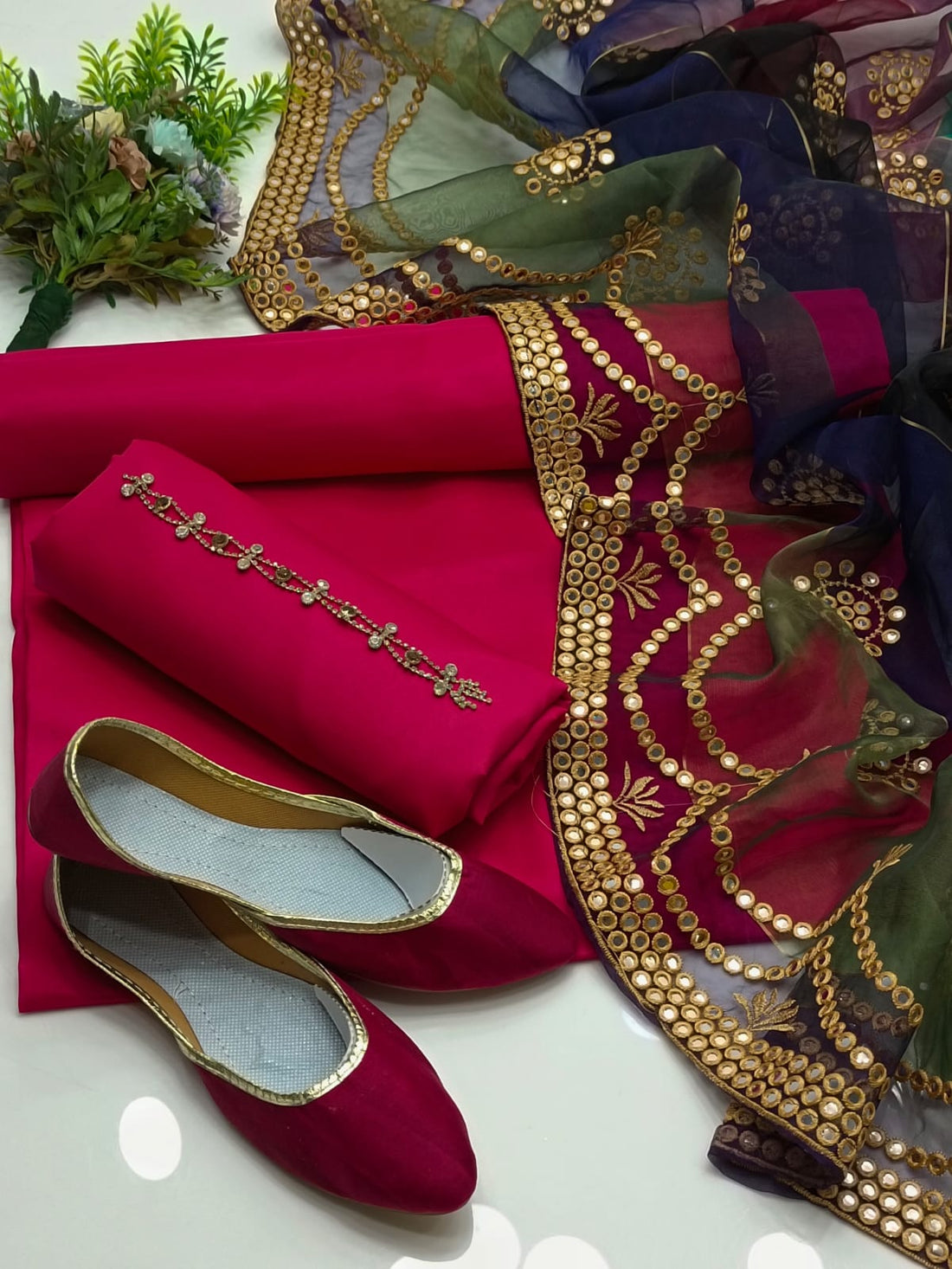 4-Piece Unstitched Multi Organza Dress – 9MM Foil Embroidered Dupatta with Kataan Silk Suit