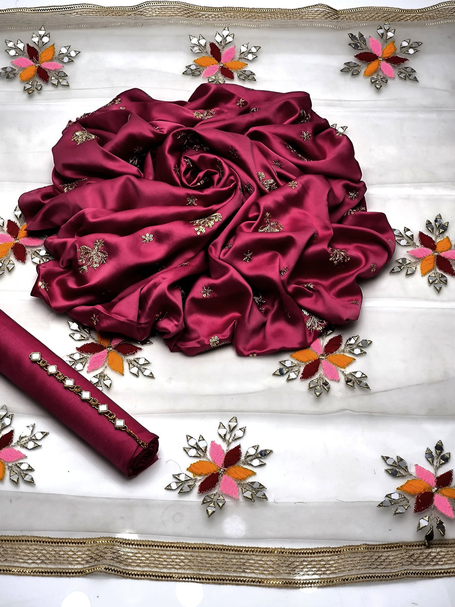 3-Piece Unstitched Fancy Dress – Shamooz Silk Embroidered Shirt with Indian Net Dupatta