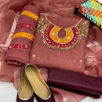 4-Piece Unstitched Organza Dress – Aari Zari Work with Patch Bazo, Dupatta & Khussa