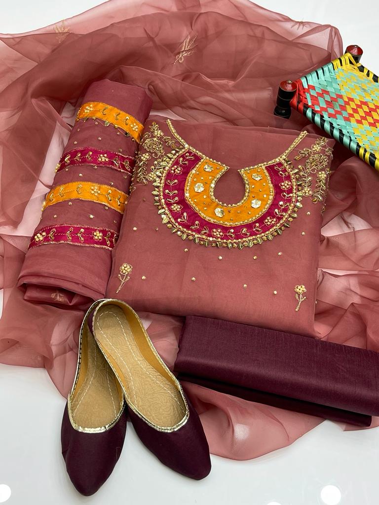 4-Piece Unstitched Organza Dress – Aari Zari Work with Patch Bazo, Dupatta & Khussa