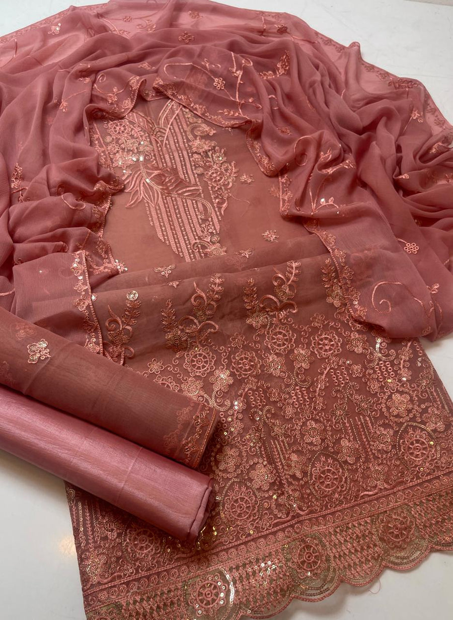3-Piece Unstitched Fancy Dress – Organza Embroidered Shirt with Chiffon Dupatta