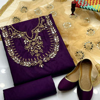 4-Piece Unstitched Fancy Dress – Kataan Mirror Work Suit with Net Dupatta & Khussa