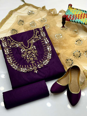 4-Piece Unstitched Fancy Dress – Kataan Mirror Work Suit with Net Dupatta & Khussa