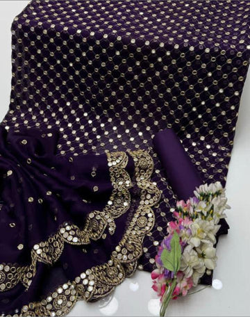 3-Piece Unstitched Fancy Chiffon Dress – Sheesha Zaari Embroidery with Border Dupatta