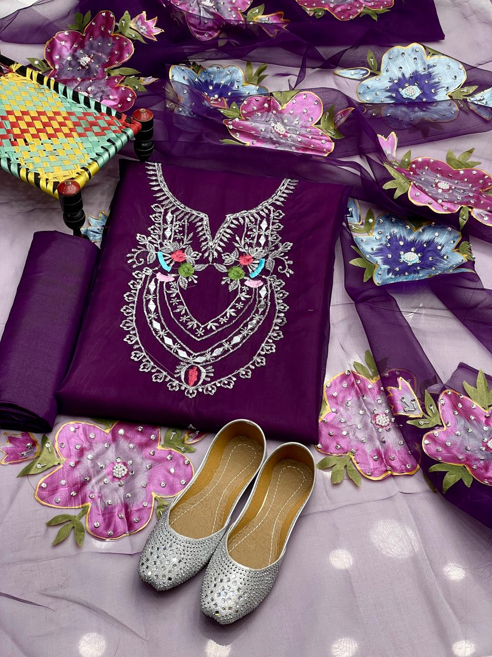 4-Piece Unstitched Luxury Dress – Organza Mirror & Tilla Work with Dupatta, Trousers & Khussa