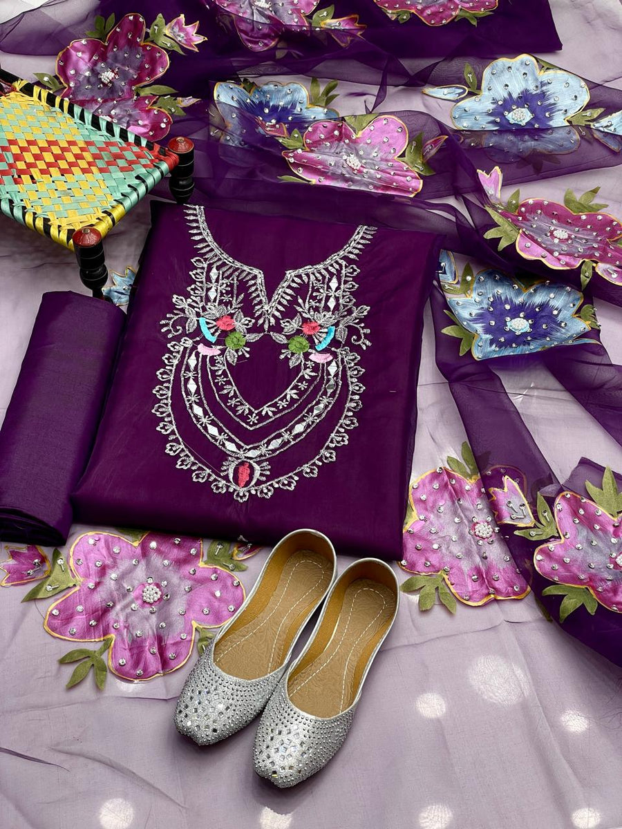 4-Piece Unstitched Luxury Dress – Organza Mirror & Tilla Work with Dupatta, Trousers & Khussa