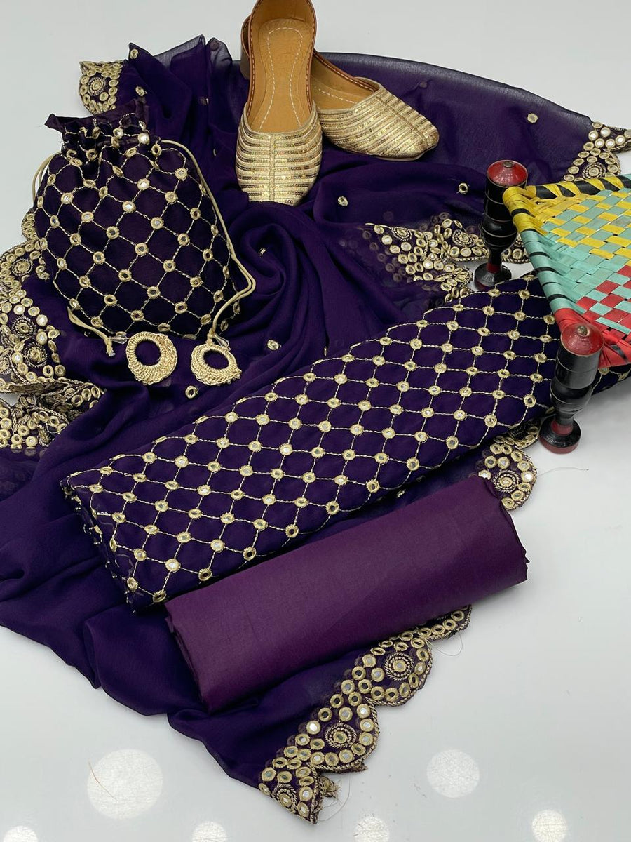 5-Piece Unstitched Fancy Chiffon Suit – Sheesha Zaari Work with Khussa & Potli Bag