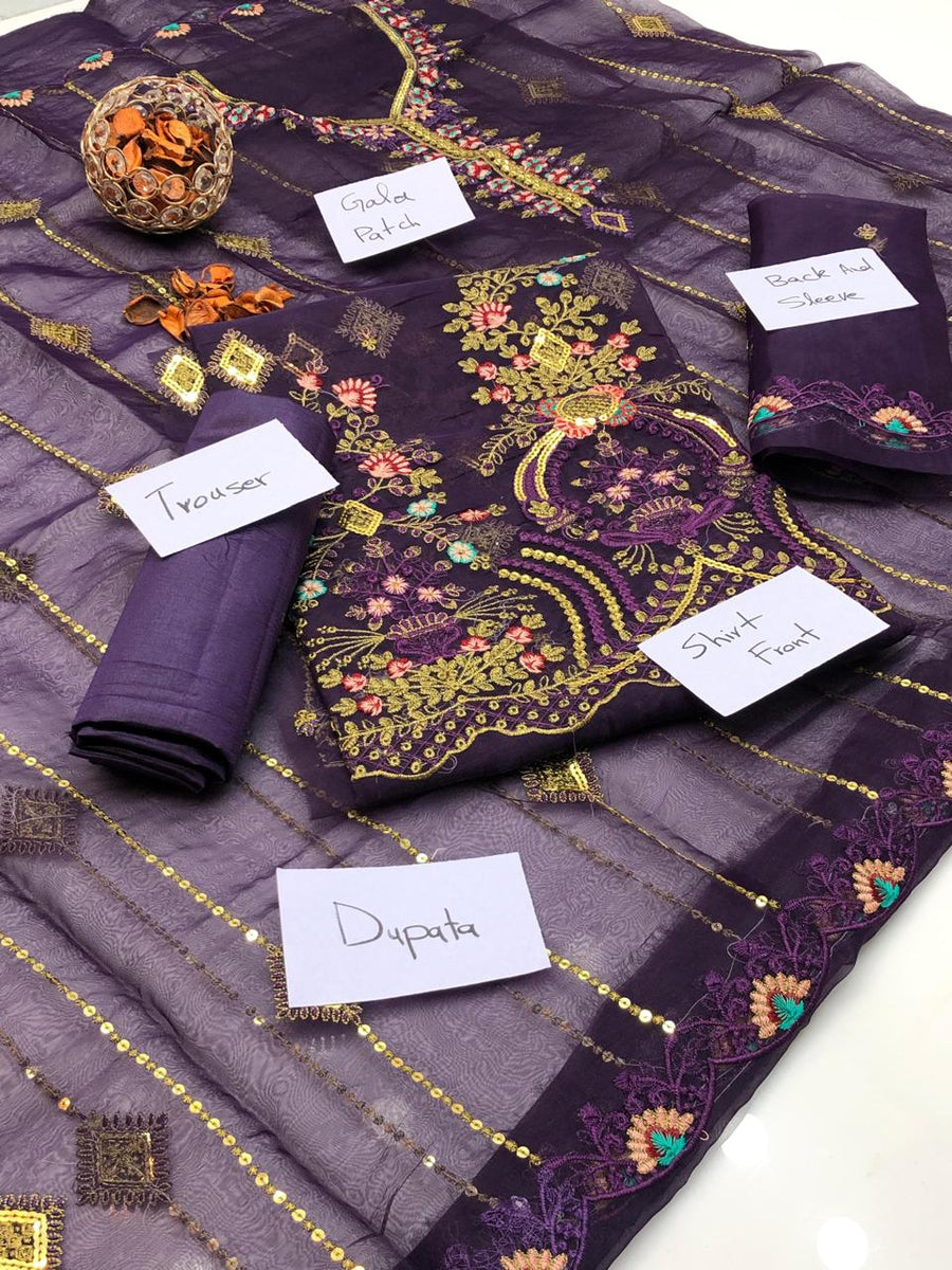 3-Piece Fancy Embroidered Organza Dress – Kataan Silk Trouser & Embroidered Dupatta