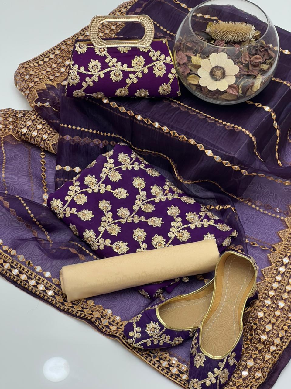 5-Piece Unstitched Wedding Dress – Georgette Shirt, Masoori Trouser, Organza Dupatta with Khussa & Clutch