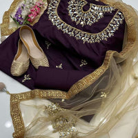 4-Piece Unstitched Kataan Mirror Work Suit – With Net Dupatta & Golden Khussa