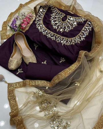 4-Piece Unstitched Kataan Mirror Work Suit – With Net Dupatta & Golden Khussa