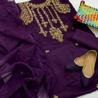 4-Piece Unstitched Organza Aari Work Dress – With Kunden Dupatta & Khussa