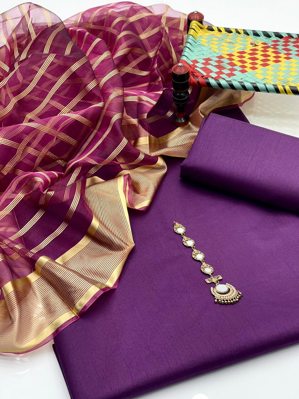 3-Piece Unstitched Fancy Suit – Kataan Silk with Organza Dupatta & Neckline