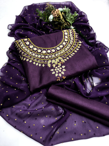 3-Piece Unstitched Indian Design Dress – Kataan Silk with Kundan Chiffon Dupatta