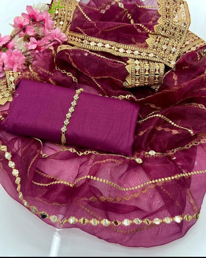 3-Piece Unstitched Kataan Silk Suit – Tissue Organza Embroidered Dupatta & Neckline