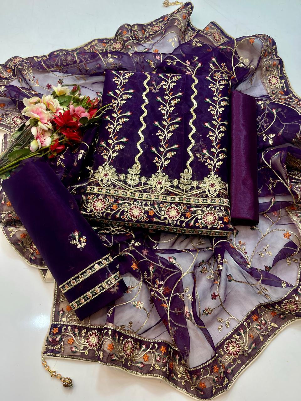 3-Piece Luxury Organza Dress – Jaal Work Shirt, Embroidered Sleeves & Net Shawl Dupatta