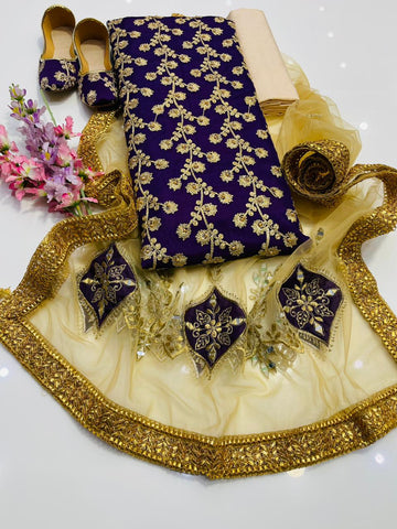 4-Piece Unstitched Wedding Suit – Chiffon Shirt, Masoori Trouser, Net Dupatta & Khussa