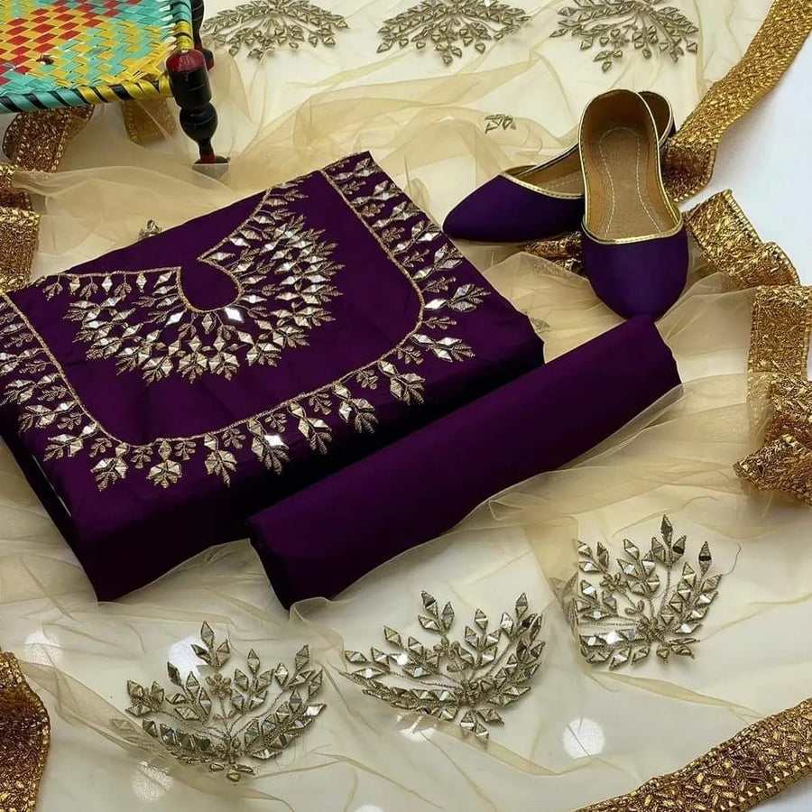 4-Piece Unstitched Kataan Mirror Work Suit – With Net Dupatta & Fancy Khussa