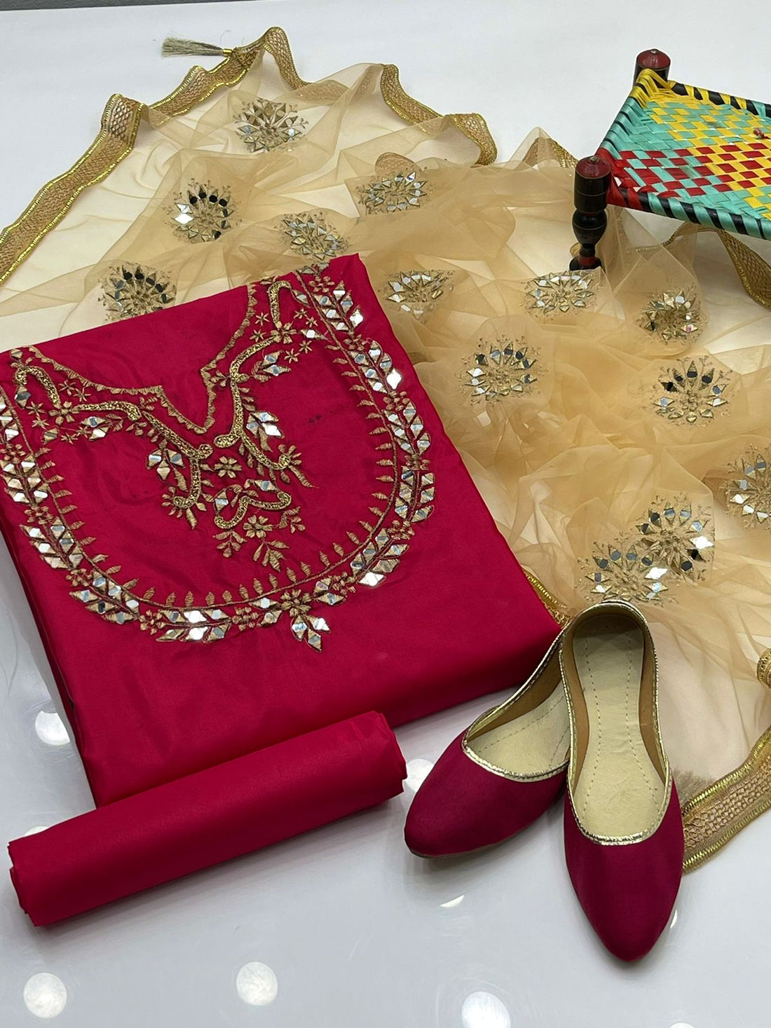 4-Piece Unstitched Fancy Dress – Kataan Mirror Work Suit with Net Dupatta & Khussa