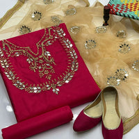 4-Piece Unstitched Fancy Dress – Kataan Mirror Work Suit with Net Dupatta & Khussa