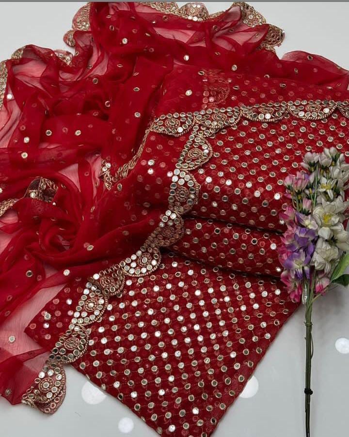 3-Piece Unstitched Fancy Chiffon Dress – Sheesha Zaari Embroidery with Border Dupatta
