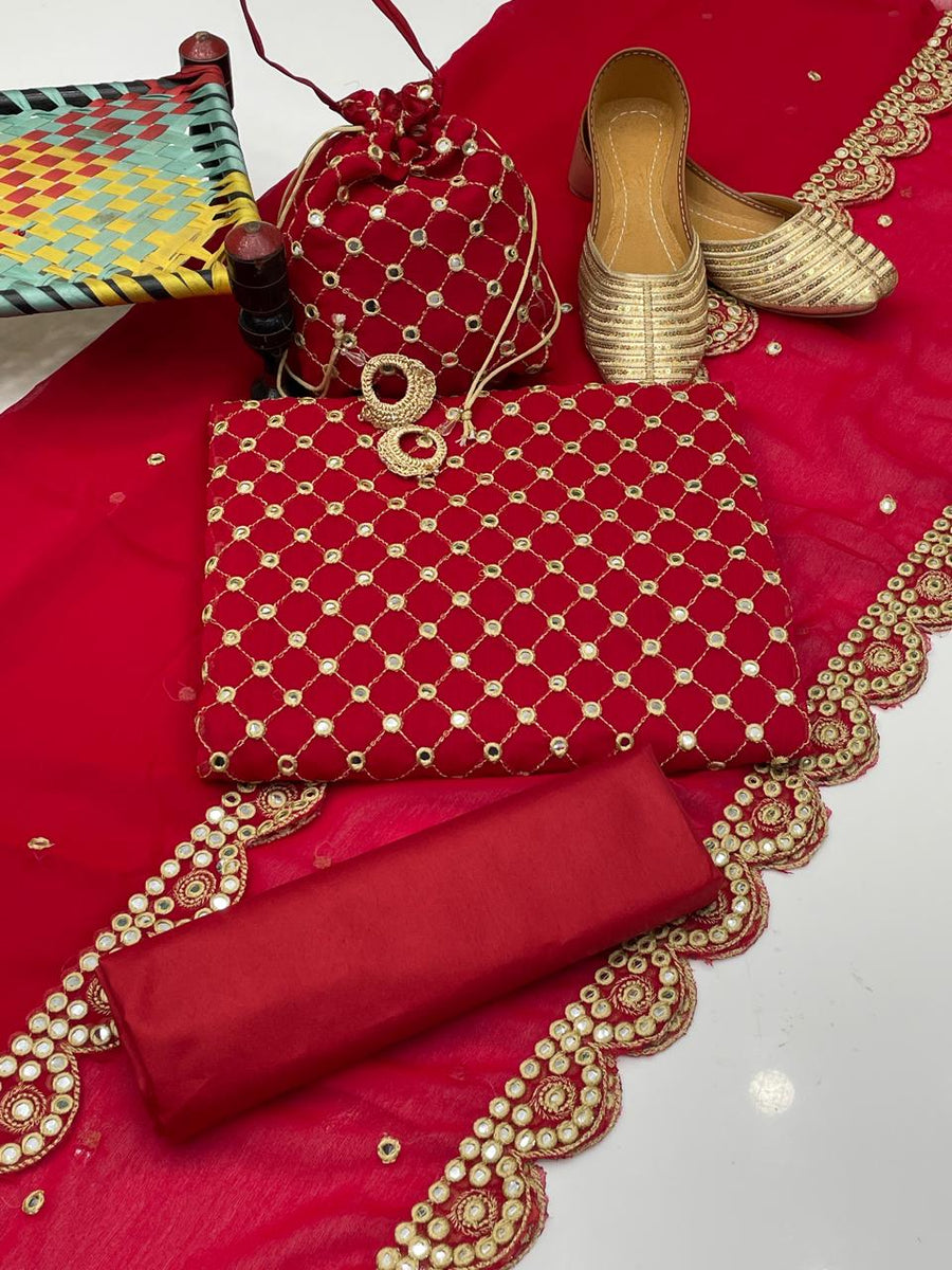 5-Piece Unstitched Fancy Chiffon Suit – Sheesha Zaari Work with Khussa & Potli Bag