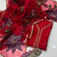 2-Piece Unstitched Organza Handwork Dress – Stones, Beads & Oil Paint Dupatta